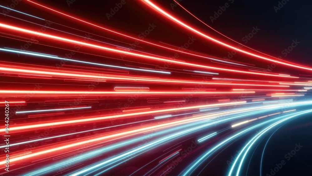 Poster dynamic red and blue light trails creating a sense of speed and motion on a transparent background.