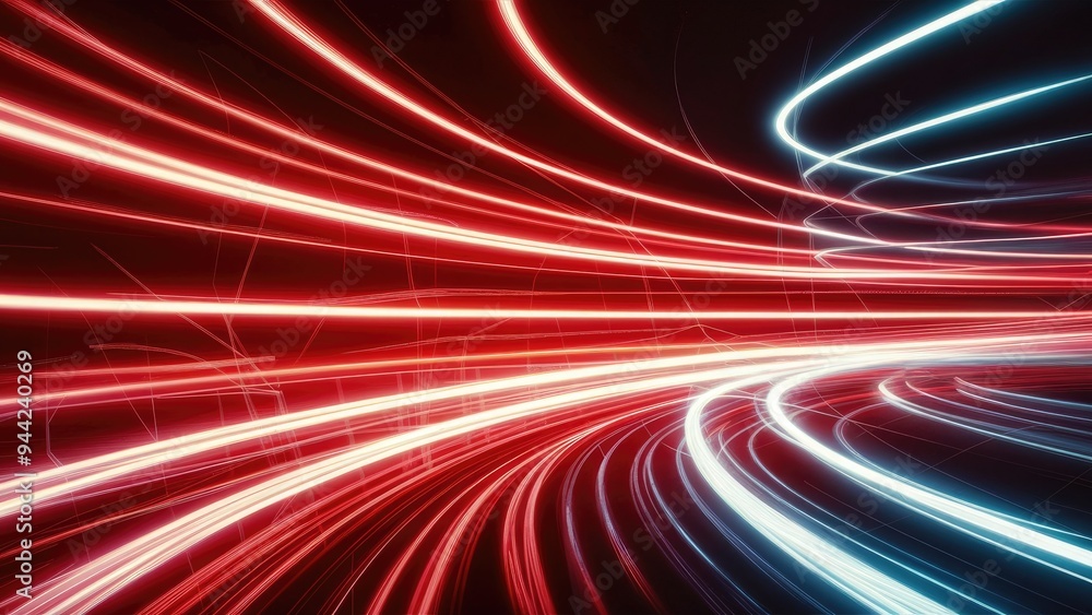 Poster dynamic red and blue light trails creating a sense of speed and motion on a transparent background.