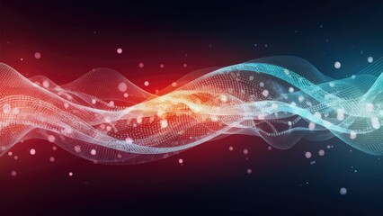 Dynamic wave of particles in an abstract gradient hologram. Technology and music inspired background design.