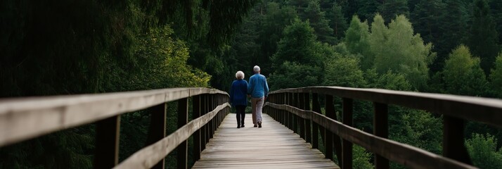 An elderly couple is walking hand in hand on a wooden bridge surrounded by lush greenery and nature.
