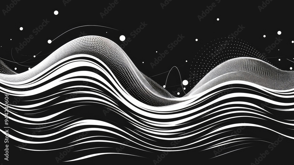 Poster dynamic wave pattern with flowing dot particles. abstract monochrome background featuring halftone e