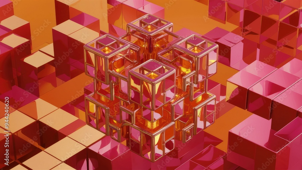 Poster elegant 3d render of abstract cube design in orange and pink tones
