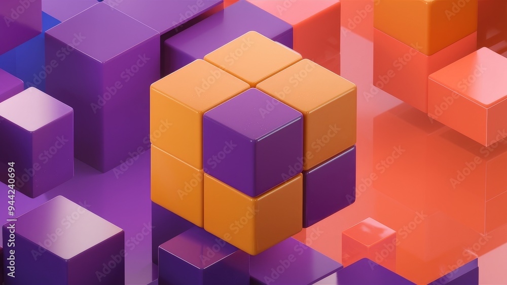 Poster elegant abstract 3d rendering of orange and purple cube design element on modern background