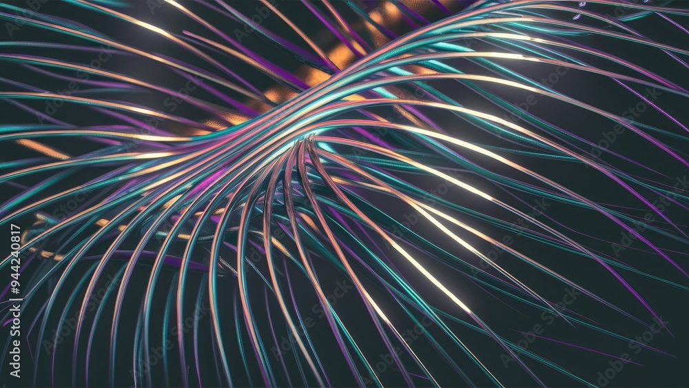 Poster elegant abstract background with modern 3d rendering of rainbow thin metal lines and bezier curves