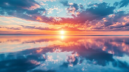 Panoramic seascape with vibrant cloudscape at sunset or sunrise, reflected in the tranquil waters. The breathtaking natural spectacle creates a stunning backdrop for this serene seascape. 