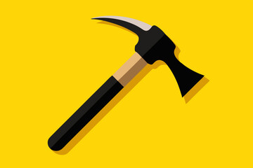 A hammer with a black grip and a sharp claw head set against a bright yellow backdrop, emphasizing its modern design and functionality.
