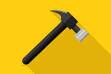 A hammer with a black grip and a sharp claw head set against a bright yellow backdrop, emphasizing its modern design and functionality.
