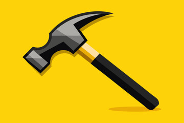 A hammer with a black grip and a sharp claw head set against a bright yellow backdrop, emphasizing its modern design and functionality.
