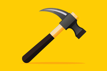 A hammer with a black grip and a sharp claw head set against a bright yellow backdrop, emphasizing its modern design and functionality.
