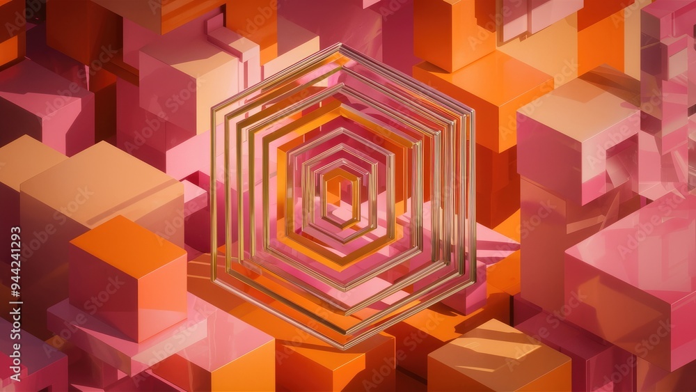 Poster elegant modern 3d rendering of abstract orange and pink cube structure design element - high-quality