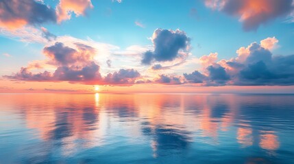 Fototapeta premium Panoramic seascape with vibrant cloudscape at sunset or sunrise, reflected in the tranquil waters. The breathtaking natural spectacle creates a stunning backdrop for this serene seascape. 