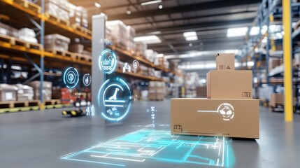 Stack of cardboard boxes in a warehouse with a futuristic blue hologram overlay.
