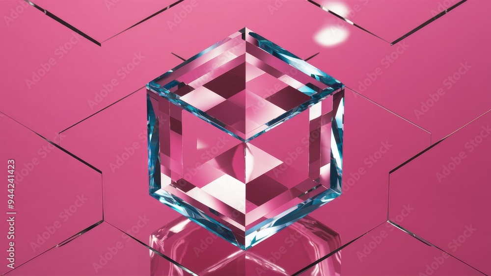 Poster elegant modern 3d rendering of crystal cube geometry with refraction and reflection on pink backgrou