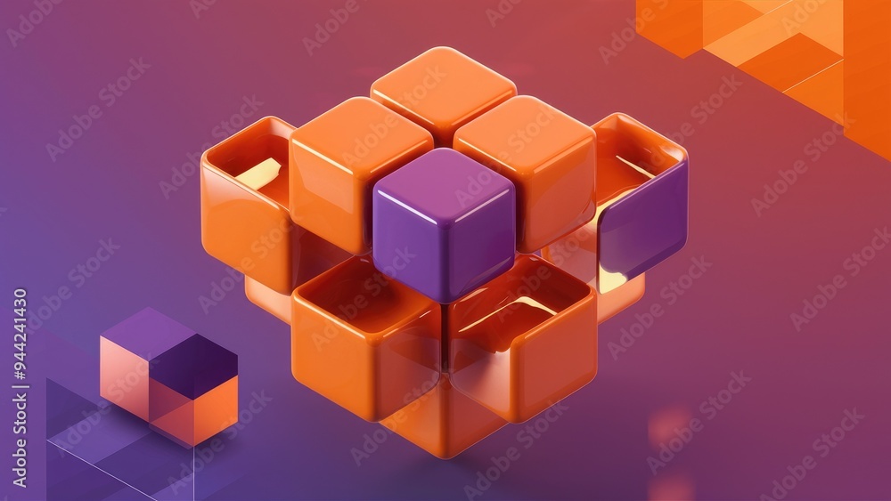 Poster elegant modern 3d rendering of abstract orange and purple cube design elements - high-quality illust