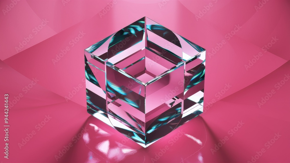 Poster elegant modern 3d rendering of crystal cube geometry with refraction and reflection on pink backgrou