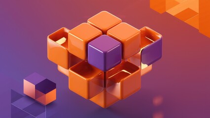 Obraz premium Elegant Modern 3D Rendering of Abstract Orange and Purple Cube Design Elements - High-Quality Illustration