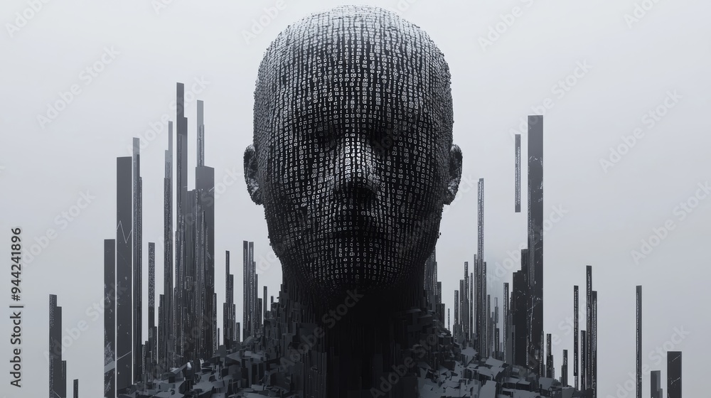 Fototapete Digital head with binary code and vertical lines representing cybersecurity and data protection.