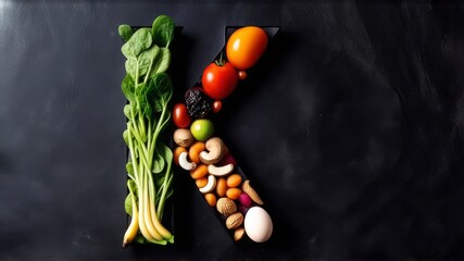 Vitamin K in nutrition concept. Letter K with fresh salad, tomatoes, soybeans, spinach, meat, radishes, dried apricots, cashews, peas, prunes, avocado, eggs, banana, potatoes, mushrooms