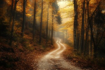 Naklejka premium Winding Forest Path in Golden Autumn Light