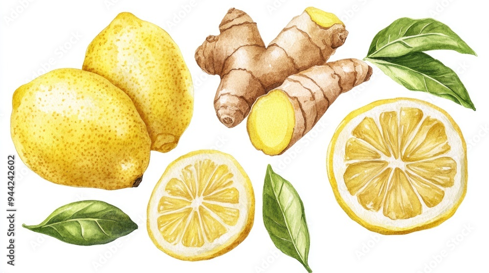 Poster watercolor illustration of a set featuring ginger and lemon includes ginger root and leaves along wi