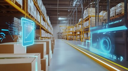 A warehouse with boxes stacked high on shelves, with digital interface overlays on the floor and walls.