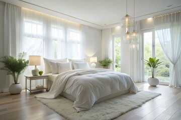 Fototapeta premium Serene white bedroom with plush comforter, crisp linens, and minimalist decor, illuminated by soft natural light pouring through sheer curtains.