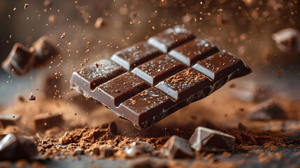 Chocolate Bar Falling Through Cocoa Powder - Photo