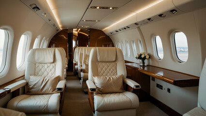 Obraz premium 3D Luxury Private Jet Interior. Golden and White Seats with Elegant Design, Empty First-Class Cabin