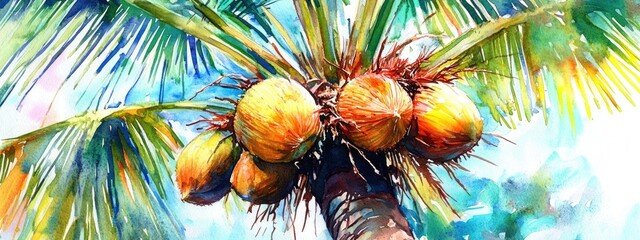 Obraz premium Watercolor illustration of a vibrant coconut tree
