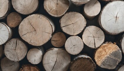 Fototapeta premium High-Resolution Wallpaper of Wood Logs Viewed from Above, Featuring Detailed Grain Patterns and Natural Textures of Cut Timber in Warm Earthy Tones, Perfect for Rustic and Cozy Interior Decor Themes
