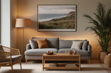 A living room with a couch, coffee table, and potted plant