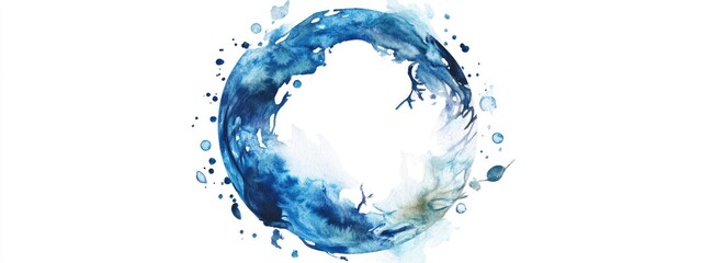 Watercolor illustration of a round frame featuring blue aquatic imagery