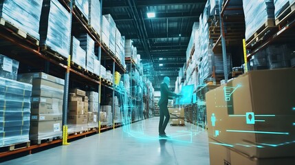 Warehouse worker using a tablet computer with a futuristic blue interface.