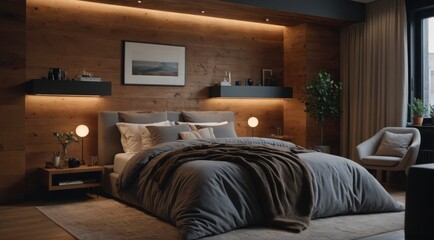 A bedroom with a wooden wall and a bed with a brown comforter. The bed is surrounded by a rug and a chair