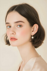 Fototapeta premium Elegant Young Woman with Classic Pearl Earrings and Soft Expression