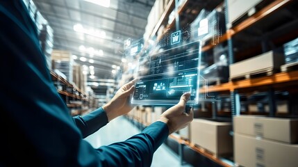 Warehouse worker using a tablet to manage inventory.