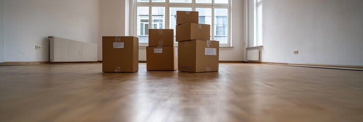Stacked moving boxes in an empty room with wooden flooring and large windows, awaiting unpacking in the new space.