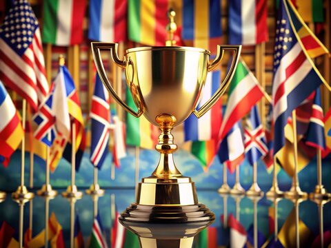 Shiny golden trophy on a reflective pedestal, surrounded by flags of various countries, symbolizing international recognition and excellence in a prestigious global competition. - Powered by Adobe