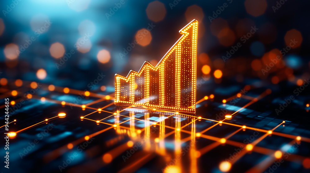 Poster a glowing chart representing financial growth rises against a dark, technological backdrop filled wi