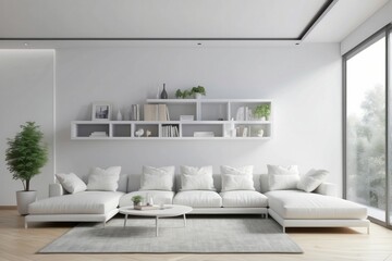 Modern Minimalist Living Room with White Sectional Sofa and Built-in Shelving