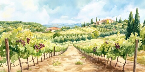 Watercolor illustration of a serene vineyard with natural grapevines capturing the beauty of rolling countryside landscapes