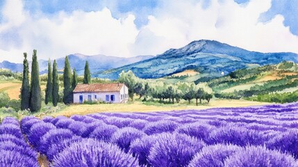 Watercolor illustration of a purple lavender field featuring a small house trees and green hills in the background