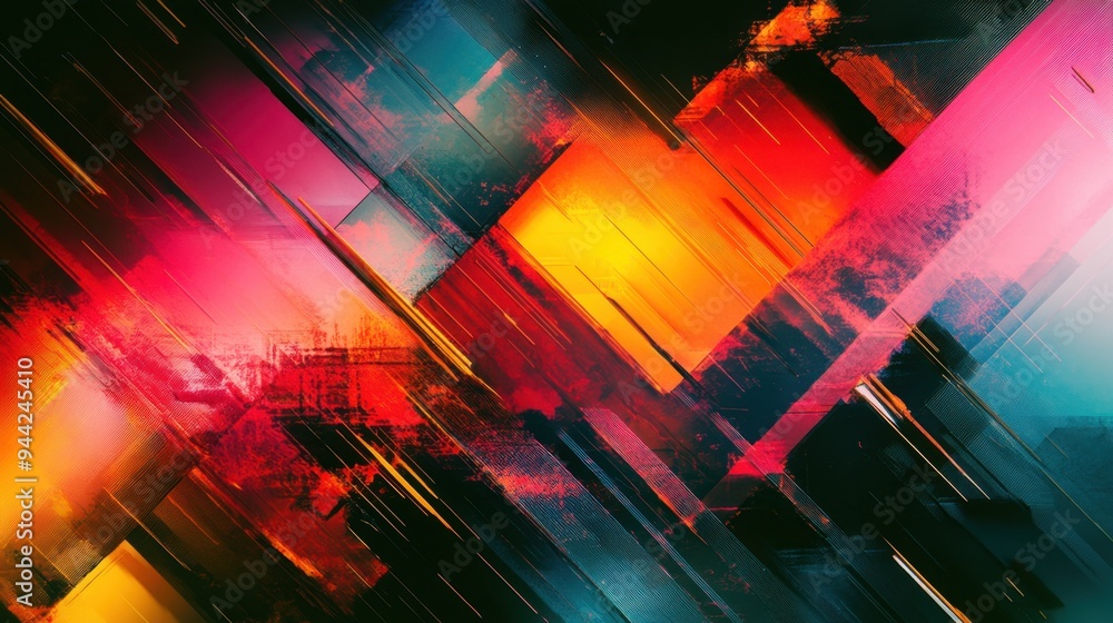 Poster digital design featuring glitch art background with bright colors and distorted geometric shapes for