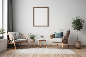 Minimalist Living Room Interior with Two Armchairs and a Framed Empty Canvas