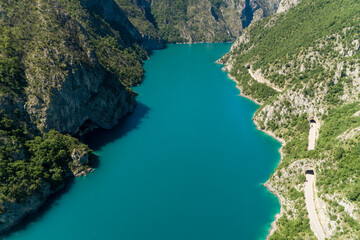 Aerial view of famous Piva Canyon with its fantastic reservoir