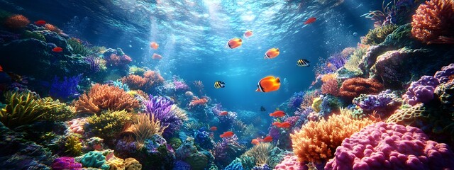 Underwater coral reef with colorful fish and sea life, a vibrant marine landscape. An ocean underwater scene with sunlight filtering through the water