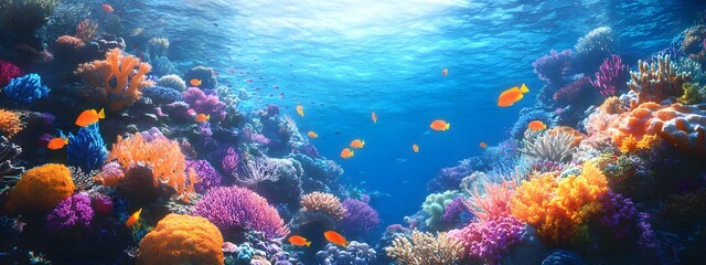 Underwater coral reef with colorful fish and sea life, a vibrant marine landscape. An ocean underwater scene with sunlight filtering through the water