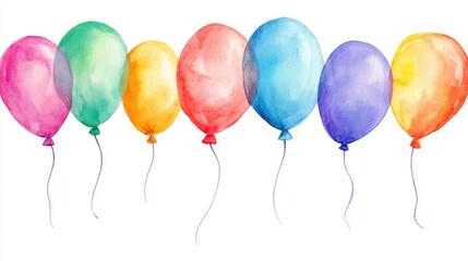 Watercolor illustration of balloons on a white background featuring a vibrant party and birthday theme