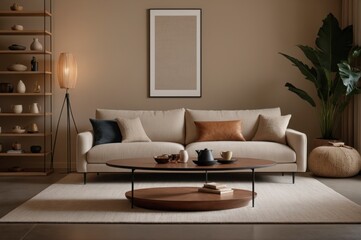 A living room with a white couch, a coffee table, and a potted plant. The room has a warm and inviting atmosphere, with a brown accent wall and a brown coffee table. The couch is covered in pillows