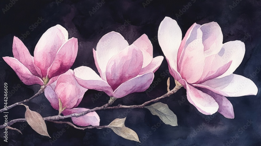 Wall mural watercolor illustration of pink flowers from the magnolia x soulangeana saucer magnolia showcasing t